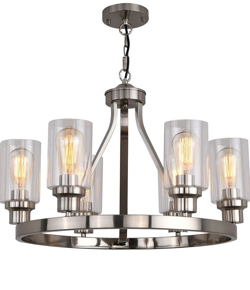 Dining Room Lighting Fixtures Hanging Brushed Nickel Kitchen Modern Chandelier Over Tables 6 Light with Glass Pendant Light for Dining Room Living Bed