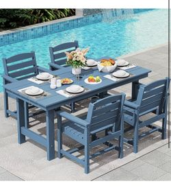 Patio Table Set, Outdoor HDPE Dining Furniture with Umbrella Hole, All Weather for Lawn, Garden, Backyard, Poolside, Blue brand new in box $399 C18/C3