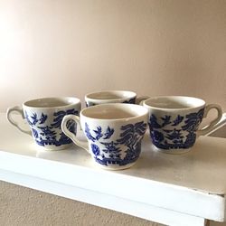 Vintage Blue Willow Chinoiserie Stoneware Coffee Tea Cups, England 