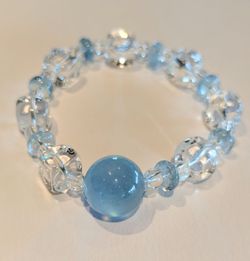 Aquamarine Clear Quartz Crystal Bracelet Blue Topaz March Birthstone Stretch