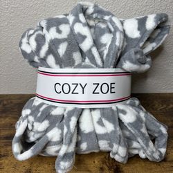 new cozy zoe women’s large robe grey white fuzzy fluffy pockets waist tie collared great gift