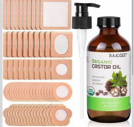 32 pcs Castor Oil Pack with Castor Oil Organic Cold Pressed Glass Bottle 8oz, Cotton Caster Oil Wrap for Waist Back Neck Arm, Self-Adhesive for Conven