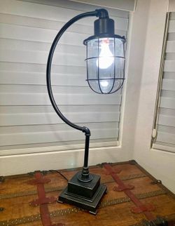 Steampunk Industrial Pipe Desk Lamp with Glass Cage Guard