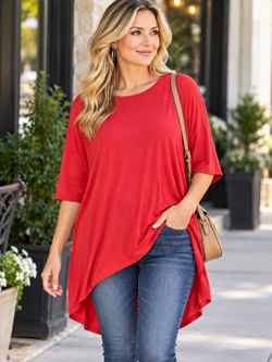 LuLaRoe Women's Irma Tunic Top S-(M) Red Solid Dolman Short Sleeve Stretch Knit