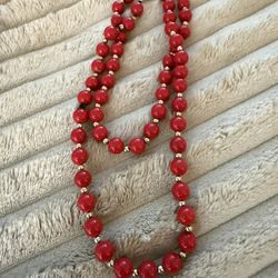 Vintage Monet Long Red and Gold Tone Beaded Necklace