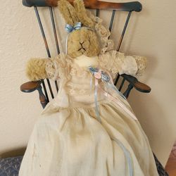 Vintage Stuffed Rabbit On Wooden Chair