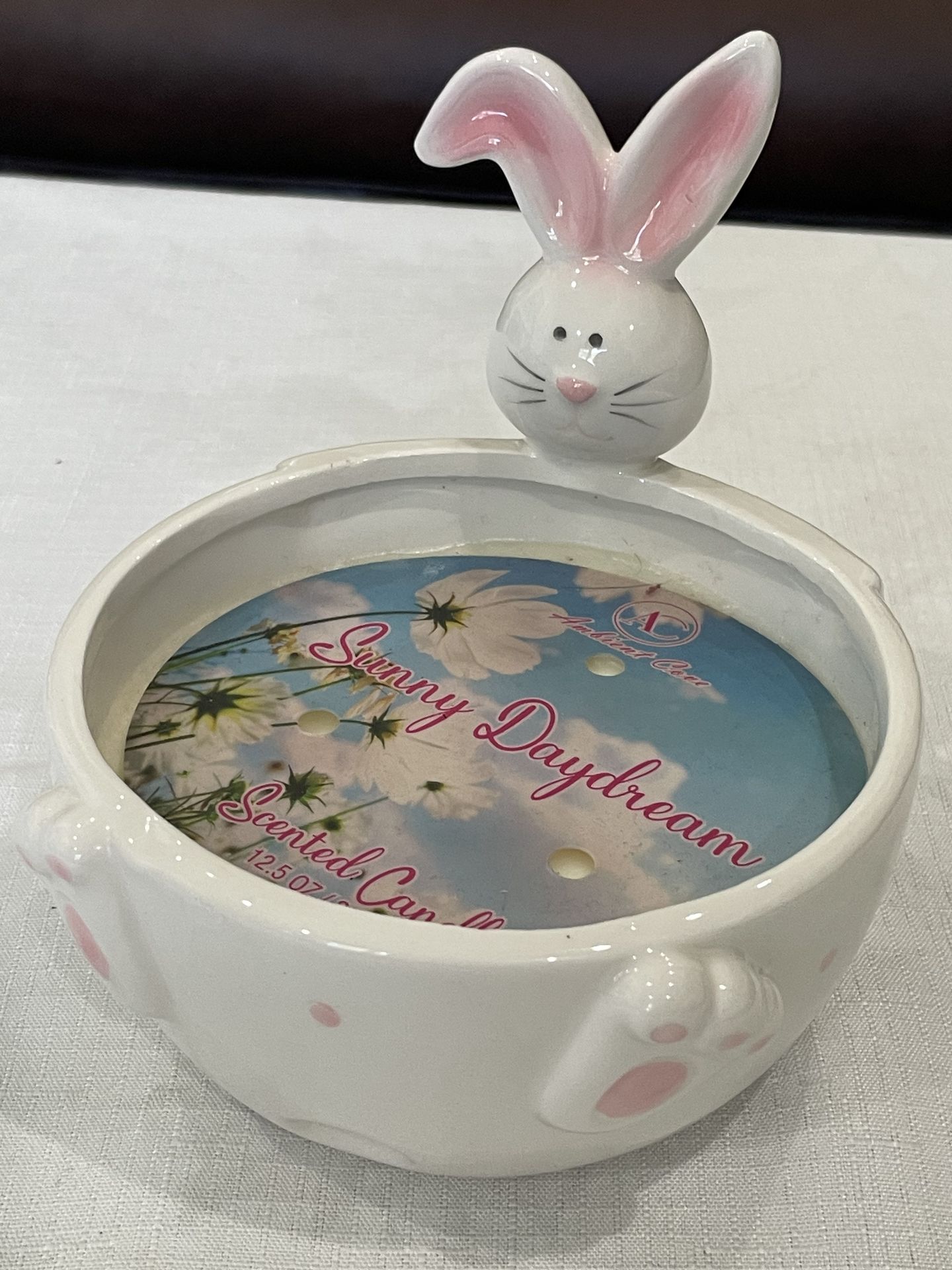 Ceramic Easter bunny candle holder with "Sunny Daydream" scented candle.