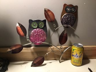 Decorative Metal Wall Art. Owls Sitting On Branches “.   Approx 14-1/2”w X15-1/2”t