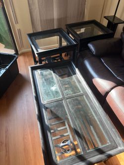 glass coffee table and two side tables