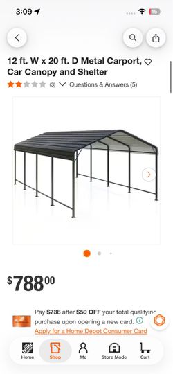 12 ft. W x 20 ft. D Metal Carport, O Car Canopy and Shelter