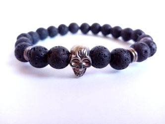 Black Lava Bead Skeleton Skull Bracelet Black Silver 19 cm Fashion Bracelet 3.5 mm