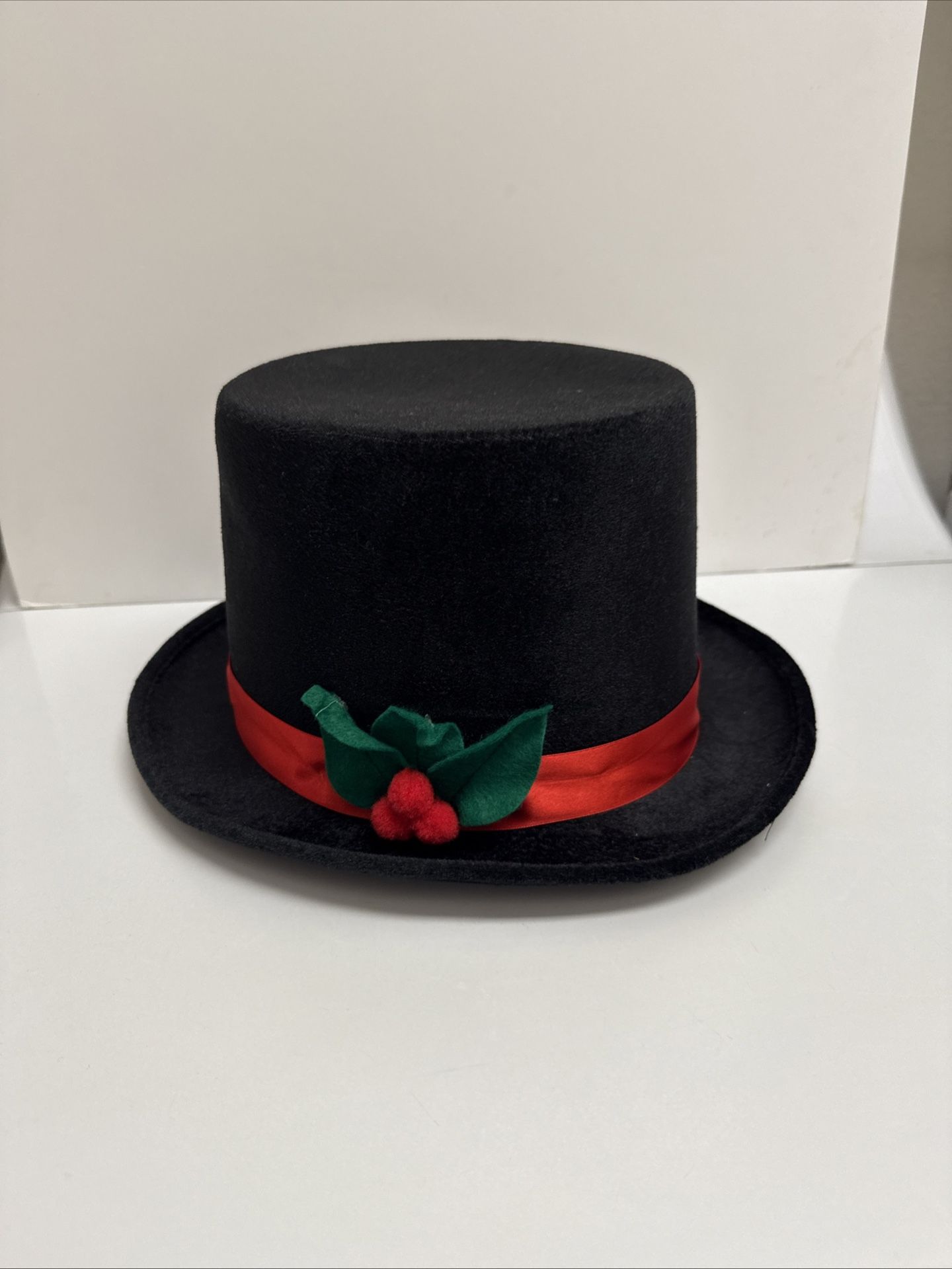 TOP HAT- Black with red ribbion and felt holly on the side- Classy-great shape