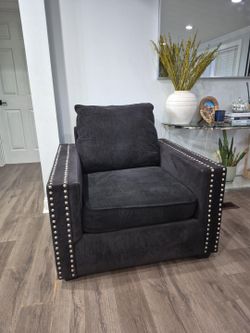 Dark Gray Fabric Accent Chair with Nailhead Trim