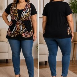 Plus Size Leopard Print Layered Vest Top with Buckle Waist – Black