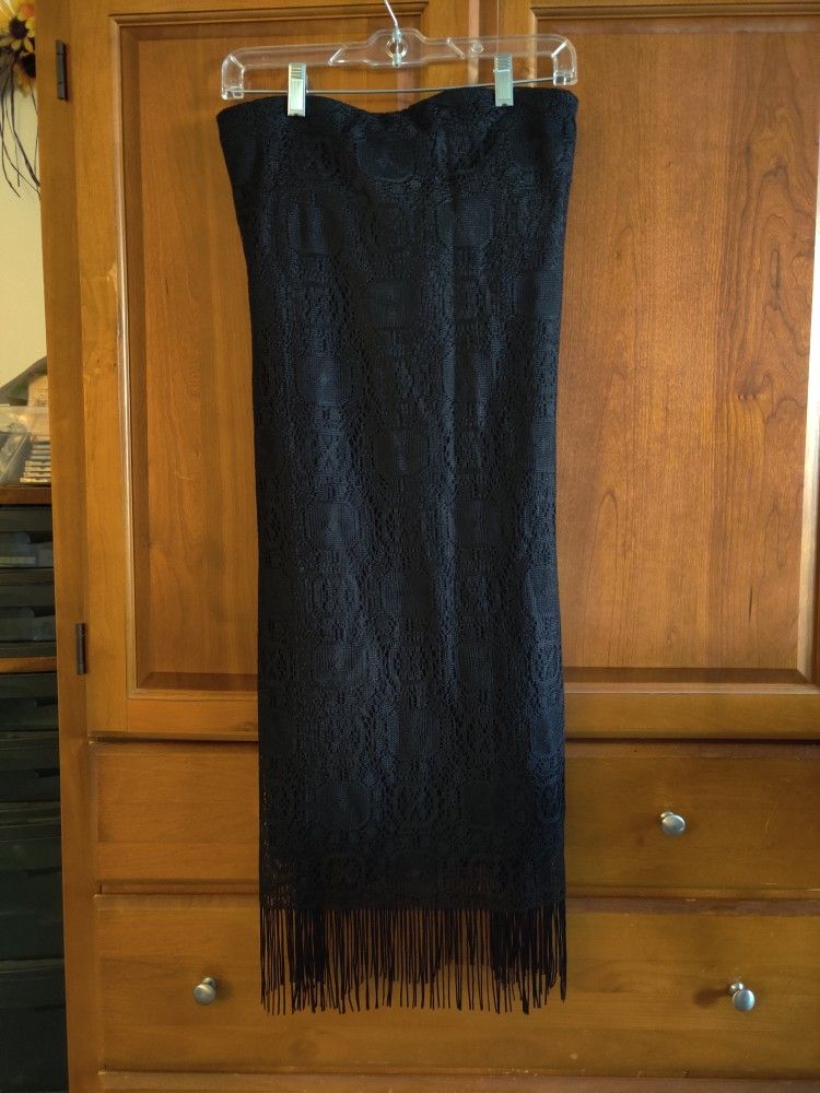 Black Dress, Strapless, Knee Length, Flapper Style, Fringe Bottom