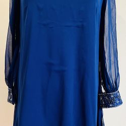 Atmosphere Navy Blue Sheer Long Sleeve Embroidered Cuff, Dress, Size 10