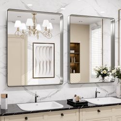 30X36 Inch Brushed Nickel Bathroom Mirror, Rounded Rectangle Silver Metal Frame Mirror, Brushed Nickel, Anti-Rust, Shatter Proof, Hangs Horizontally o