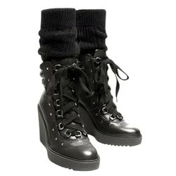 ZARA Lace Up Leather Wedge Ankle Combat Boots Studs Sock Legging Size 36 USA 6