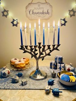 Judaica Tree of life metal menorah Nickel plated polished aluminum with green enamel