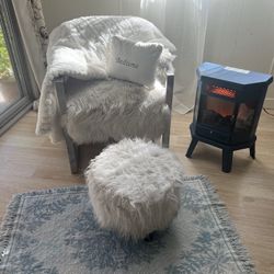 white furry  chair with stool chrome steel frame