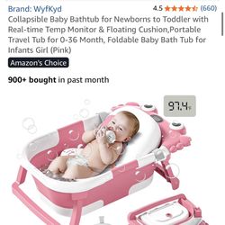 Collapsible Baby Bathtub for Newborns to Toddler with Real-time Temp Monitor & Floating Cushion, Portable Travel Tub for 0-36 Month, Foldable Baby Bat
