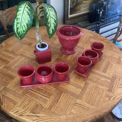 Four Red Ceramic Plant Pots