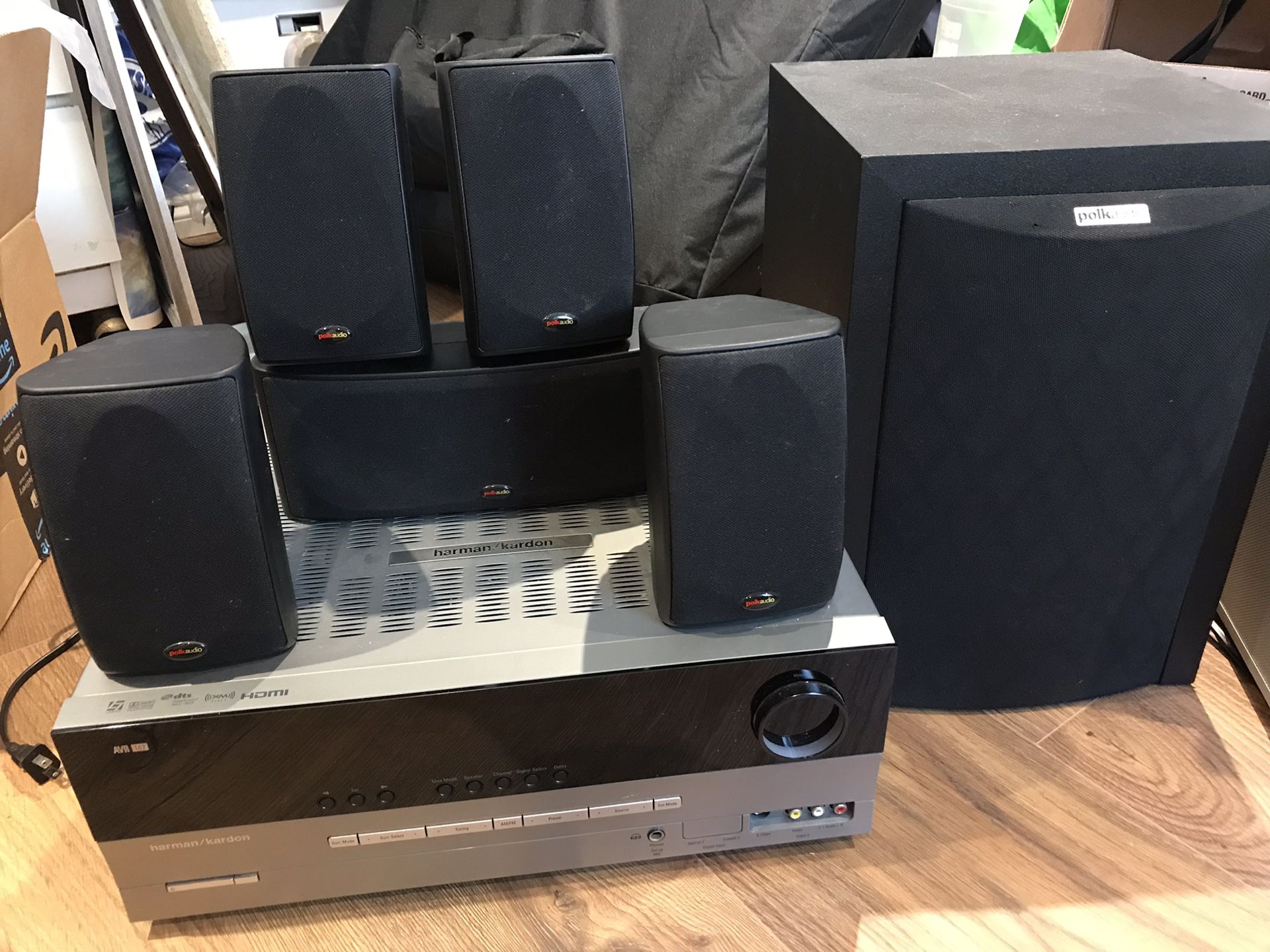 Polk audio surround sound speakers - sub, center, 4 satellite and Harmon Kardon receiver