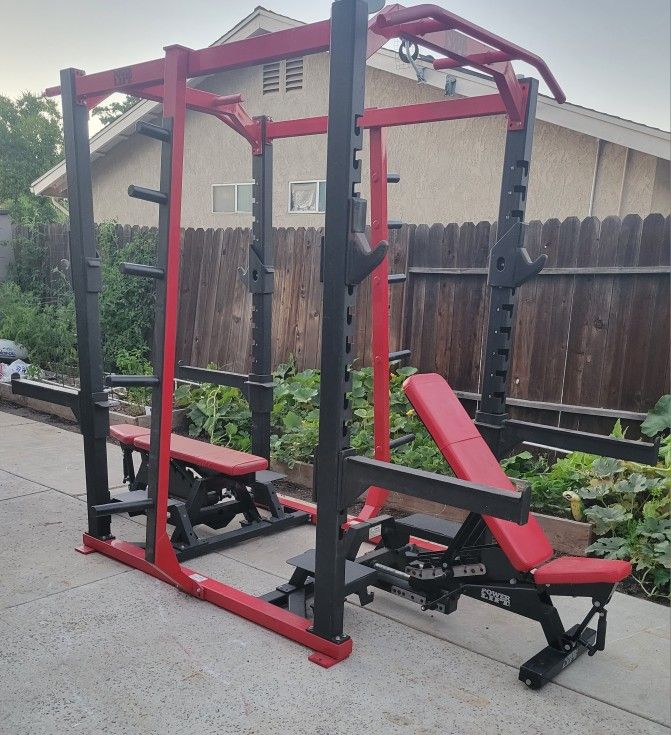 PowerLift USA Gym Double Sided squat Rack And 2 Adjustable Weight Benches