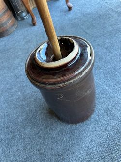 Antique or vintage brown glazed stoneware butter churn