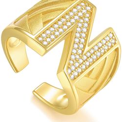 Mens Initial Rings Gold Plated A-Z Letter Ring 925 Sterling Silver Bold Open Personalized Statement Rings with Cubic Zirconia Graduation Father's Day 