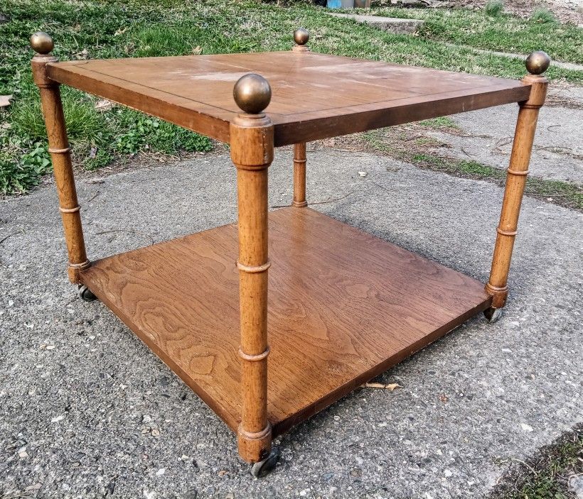 Charming Little Vintage Coffee Table with Brass Finials and Rollers / Accent Table - Solid wood!