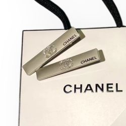 CHANEL 2Pc Silver/White Rhinestone CC Logo L.A Collection Hair Clips & Gift Bag