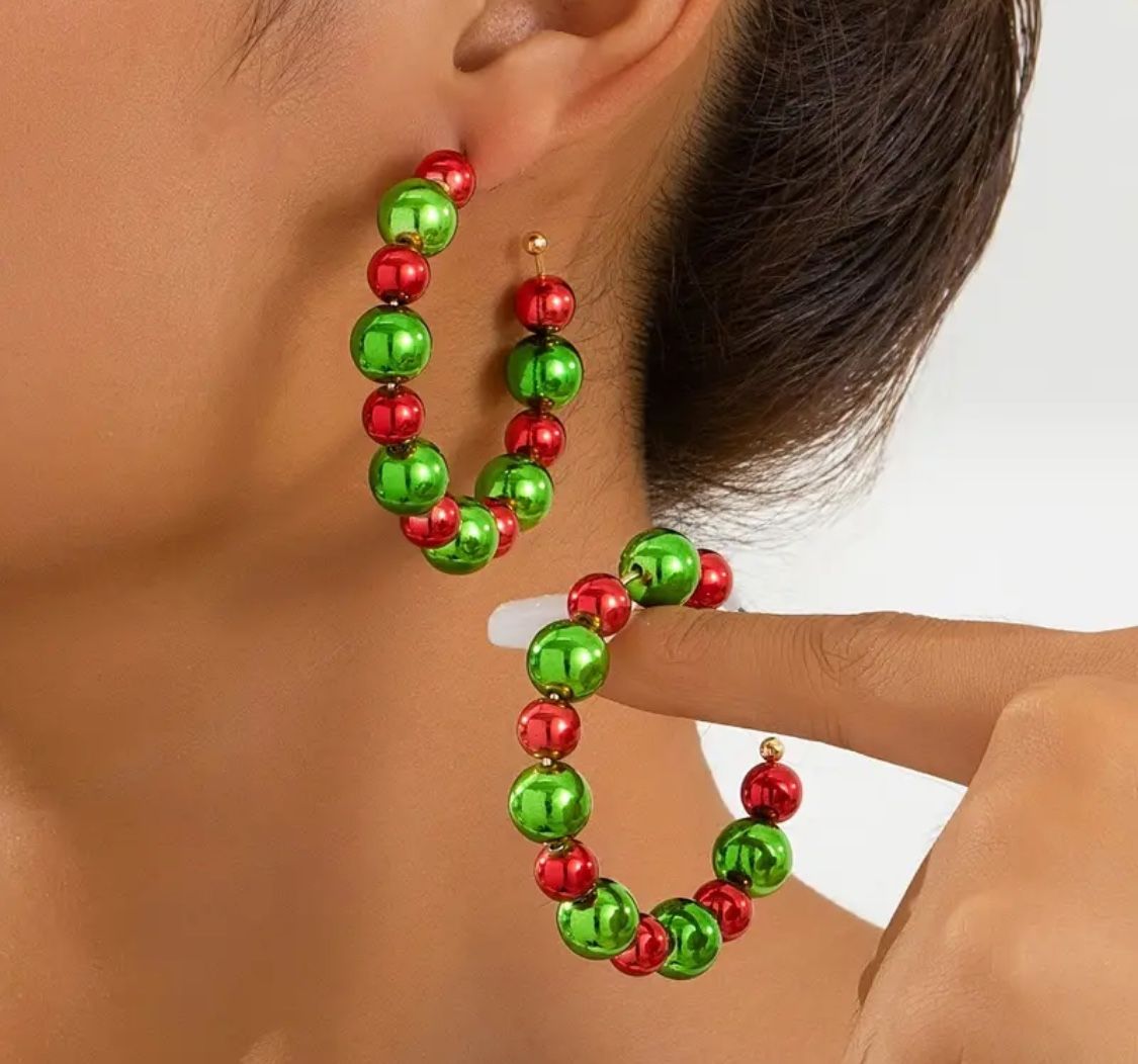 Brand New Women’s Christmas Festive Holiday Bulb Grinch Hoop Green Red Earrings