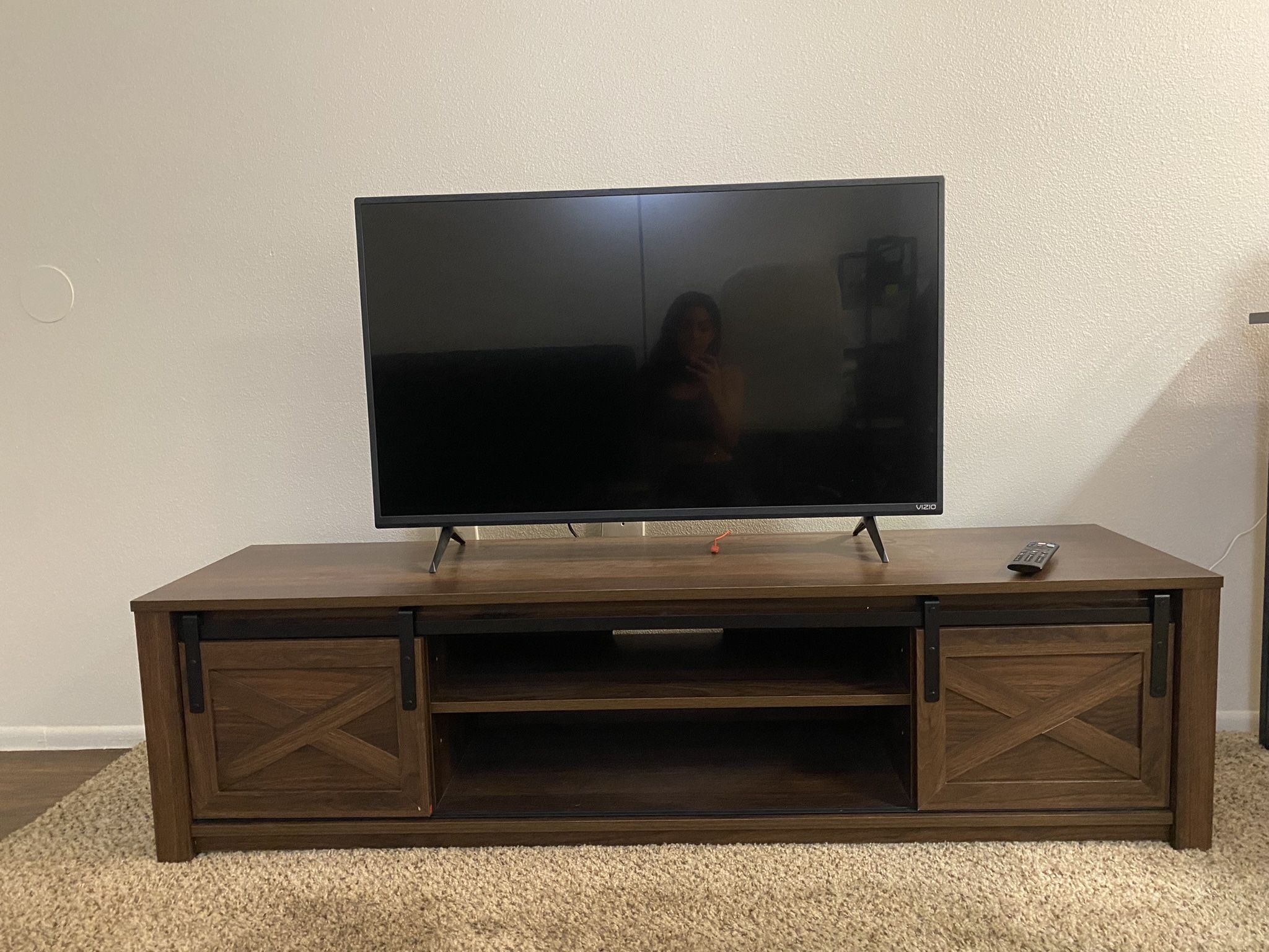 Wooden TV Stand with Storage Cabinet & Sliding Barn Doors, TV Console Table for TVs up to 65''