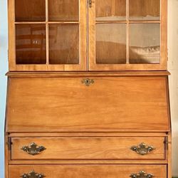 1960s Secretary Desk With Curio Cabinet, Solid Maple