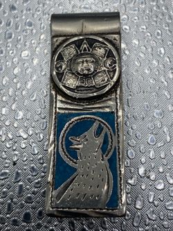 Vintage Sterling Silver 925 Aztec Sun Alpaca Mexico Inlay Turquoise Money Clip