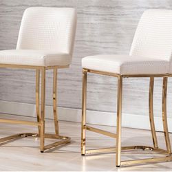24" H Counter Height Barstools with Back, Mid Century Modern Woven Faux Leather Upholstered Counter Stool Chairs with Gold Metal Frame for Kit