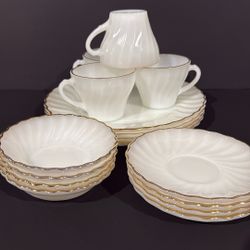 Vintage Fire-King Swirl Milk Glass Gold Trim Set for 4 – Mid-Century
