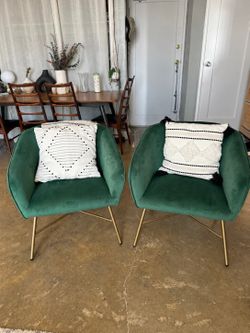 Pair of Green Velvet Accent Chairs with Gold-Tone Legs