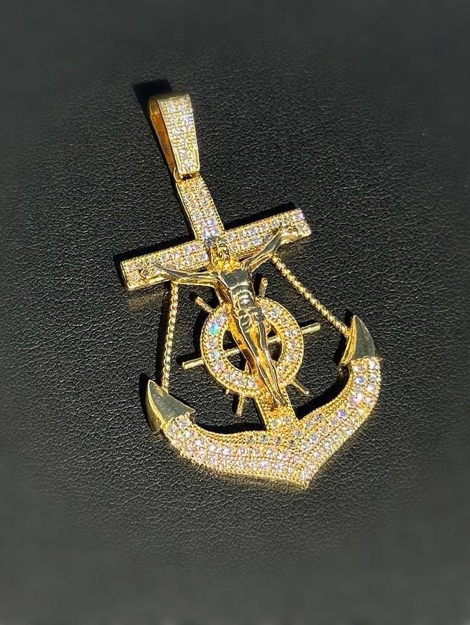 14K solid Yellow Gold CZ stones Jesus Anchor Mariner Cross Religious Pendant Charm 7.2 grams