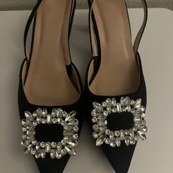 Elegant Black Pointed-Toe Slingback Heels with Crystal Buckle