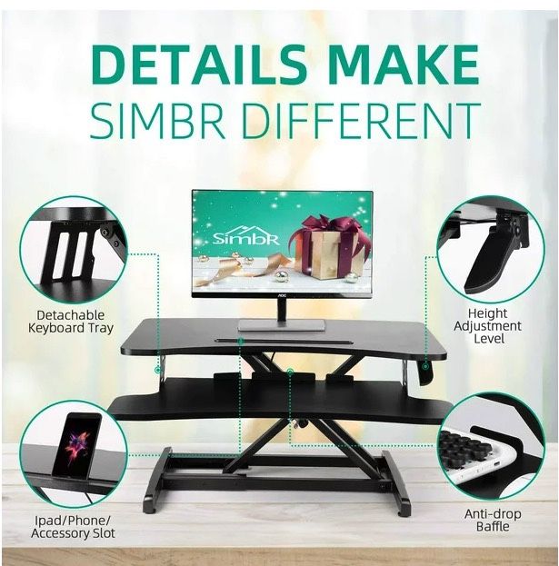 SIMBR Standing Desk Converter 30.2 Inch Computer Desk for Home Office Sit to Stand Desk Height Adjustable Gas Spring Desk Riser Stand up Desk Workstat