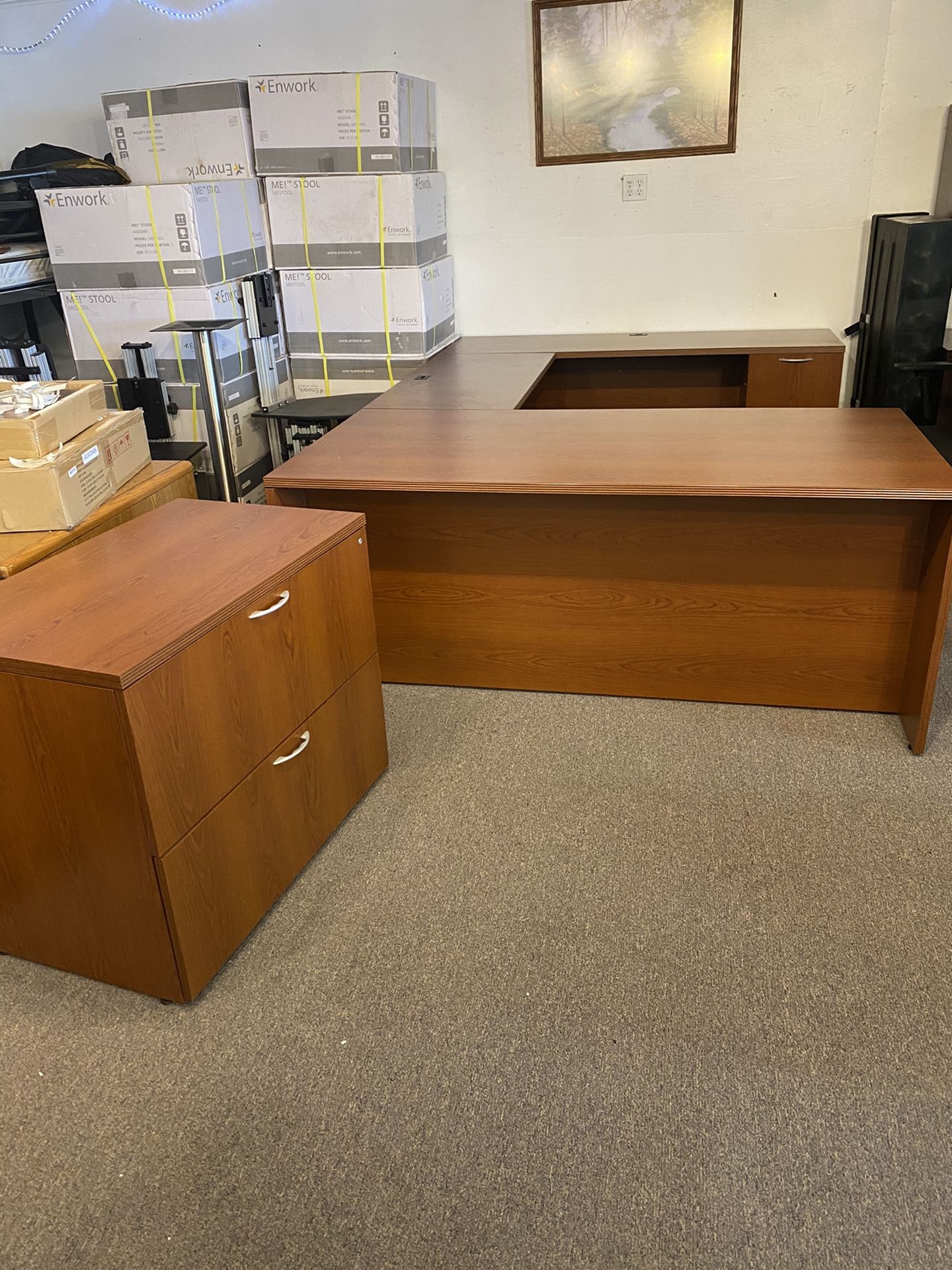 Light Cherry Wood Veneer u-shaped Desk with matching 2 drawer lateral file made by First Office