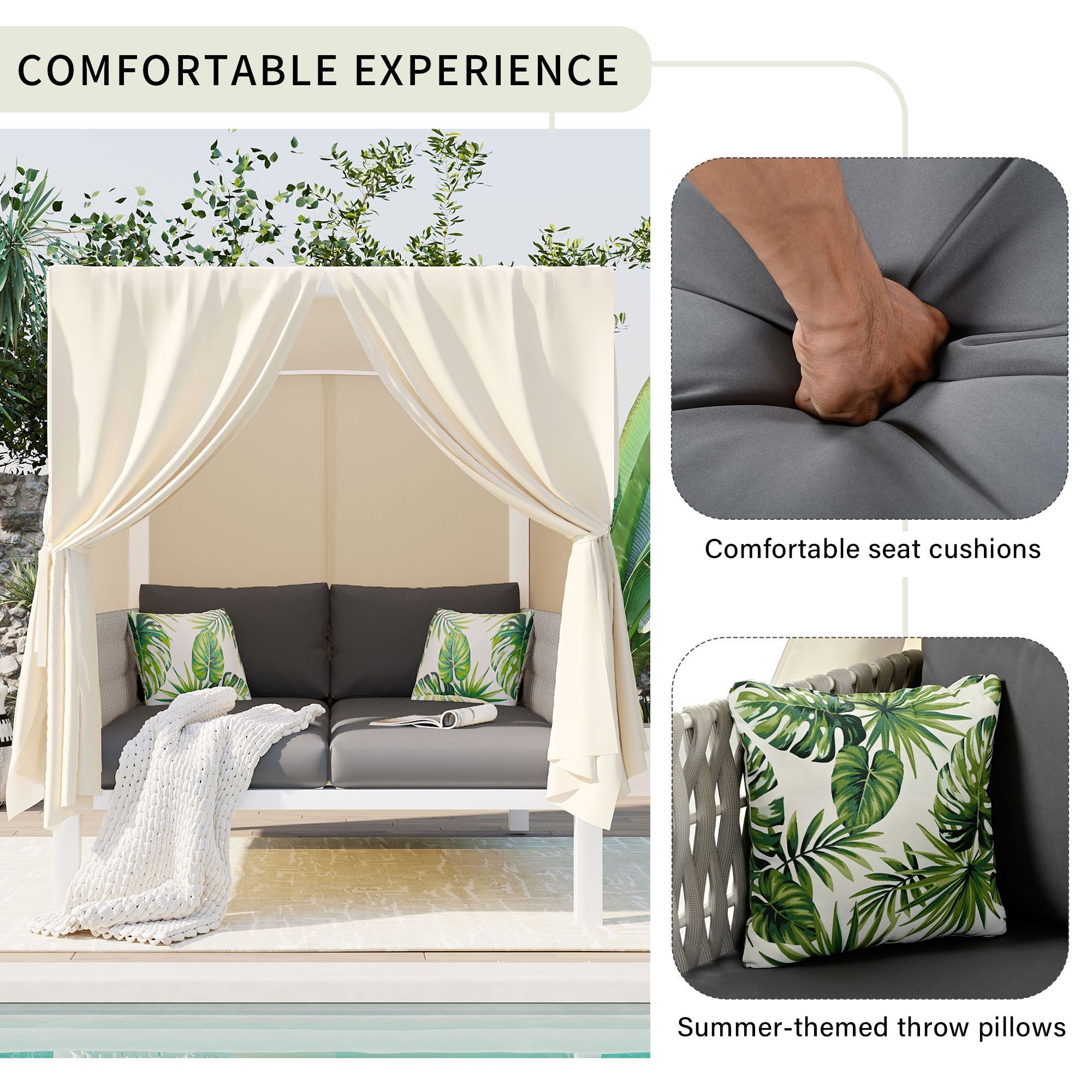 U_Style Outdoor Patio Sunbed with Curtains, High Comfort, Suitable for Multiple Scenarios