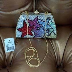 NEW Judith Leiber SWAROVSKI CRYSTAL Multi-color Stars  SHOULDER BAG Clutch Tag GOLD