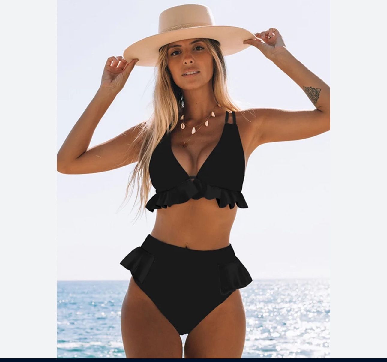 High Waisted Swimsuit Ruffle V Neck Bikini Two Pieces