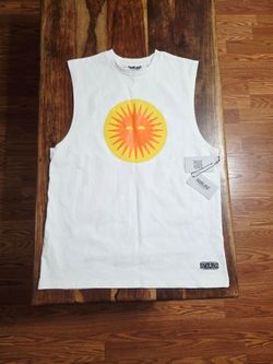 RMRLNZ Men's White Sleeveless Tee with Yellow-Orange Sun Graphic