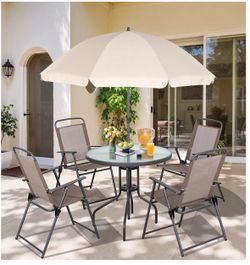 6 Pieces Folding Patio Dining Set, All Weather Small Metal Outdoor Table and Chairs Set, Patio Furniture Set w/Umbrella, Glass Table & 4 Folding Chair