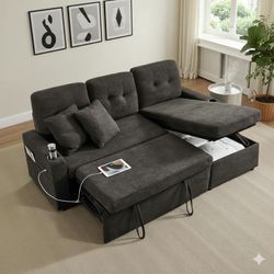 (New in box) Convertible Sectional Sofa Bed, 82in Sleeper Sofa Bed with Storage Chaise