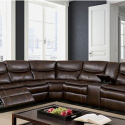 Brand New Plush Brown Leather Reclining Sectional Sofa